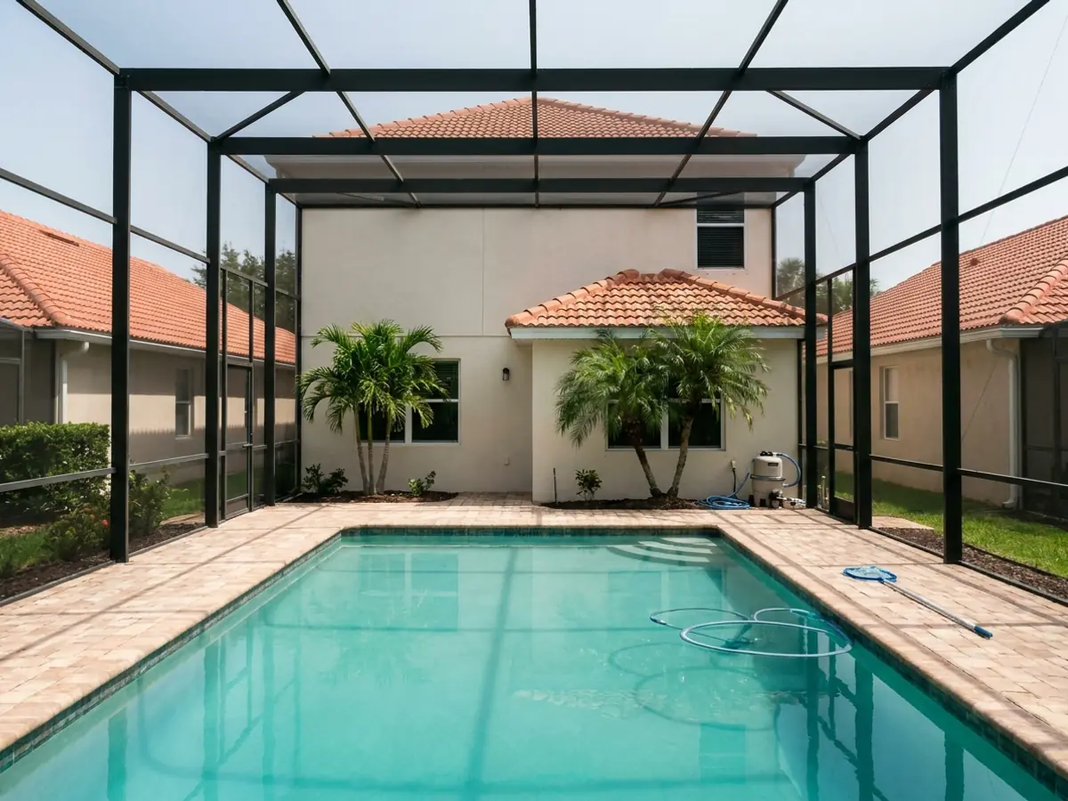 A pool under a tall newer screen enclosure behind a rebuilt Cutler Bay house