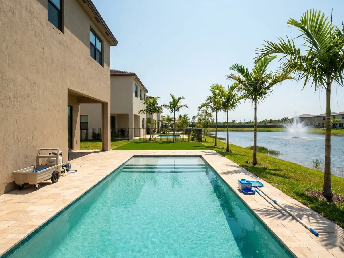A pool behind a new build Doral home backing onto a retention lake with a fountain