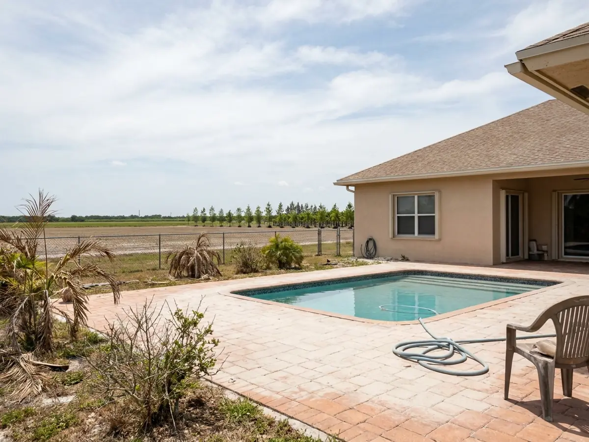 A pool behind a newer stucco house on the flat open farmland edge of Homestead