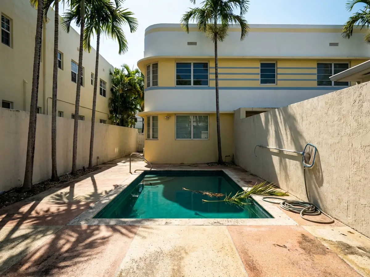 A small courtyard pool behind a Miami Beach art deco building with royal palms