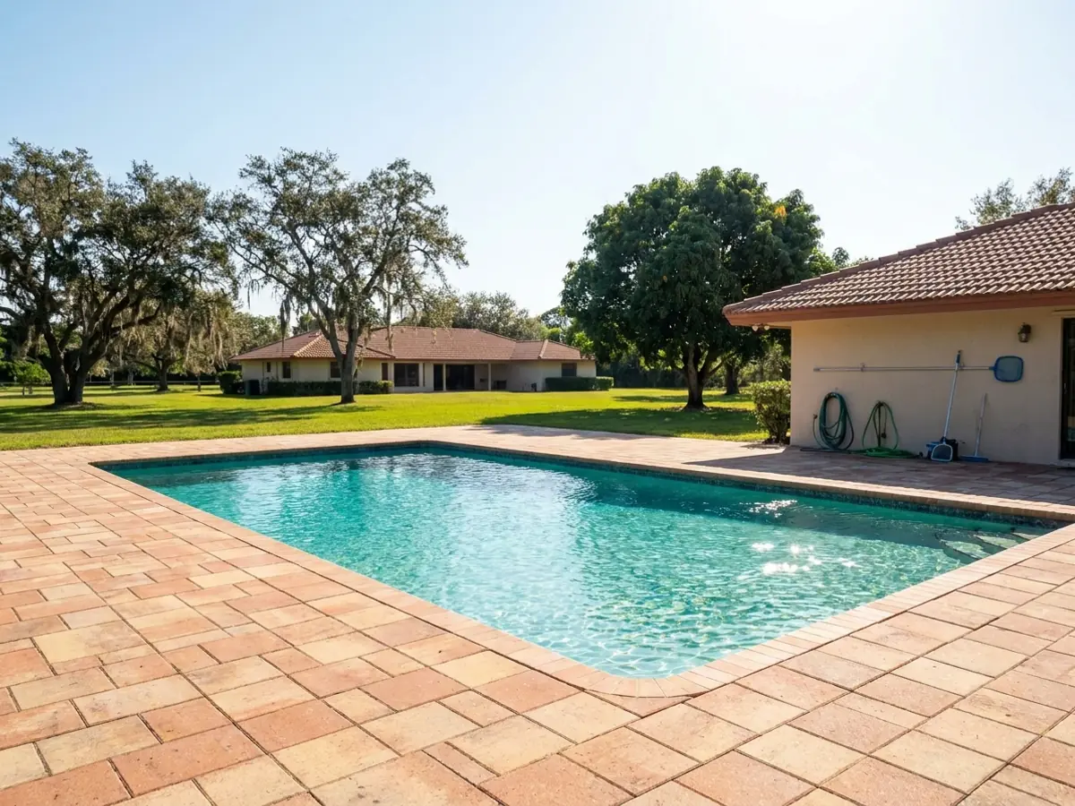 A large open pool with no screen enclosure on a wide flat Pinecrest lot