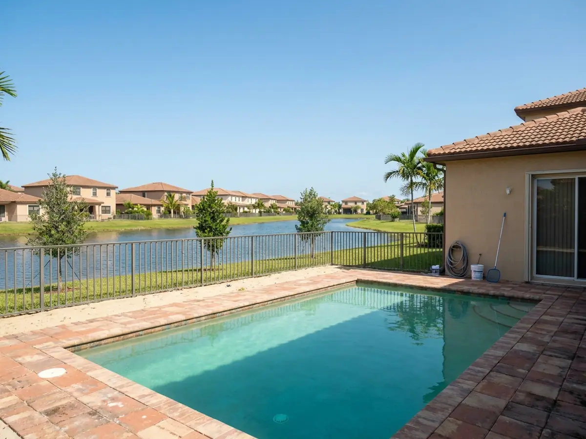 A pool behind a villa in The Hammocks backing onto a community lake