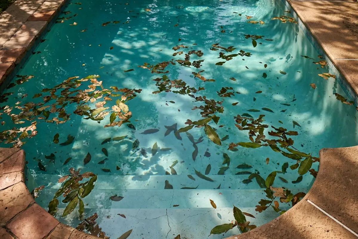 Fallen leaves resting on the surface of a pool