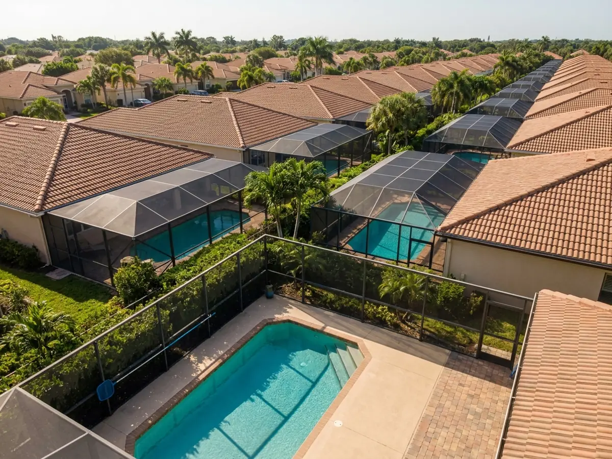 Screened pool enclosures across the back yards of a Miami-Dade neighbourhood