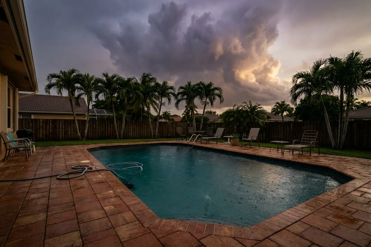 Lightning breaking in the sky over a lit swimming pool at night