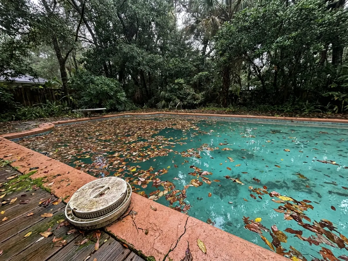 A pool cleaner working in a pool with fallen leaves floating around it