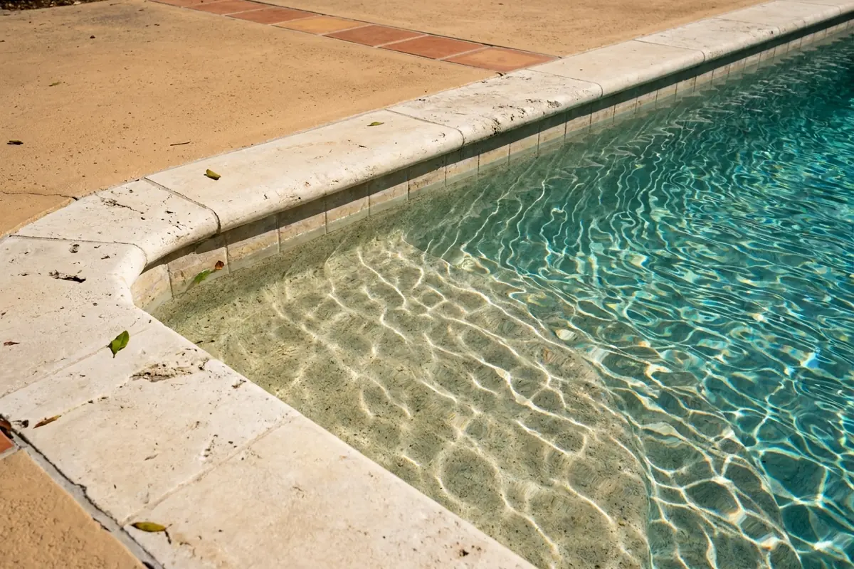 Clear blue water meeting the stone coping at the edge of a pool